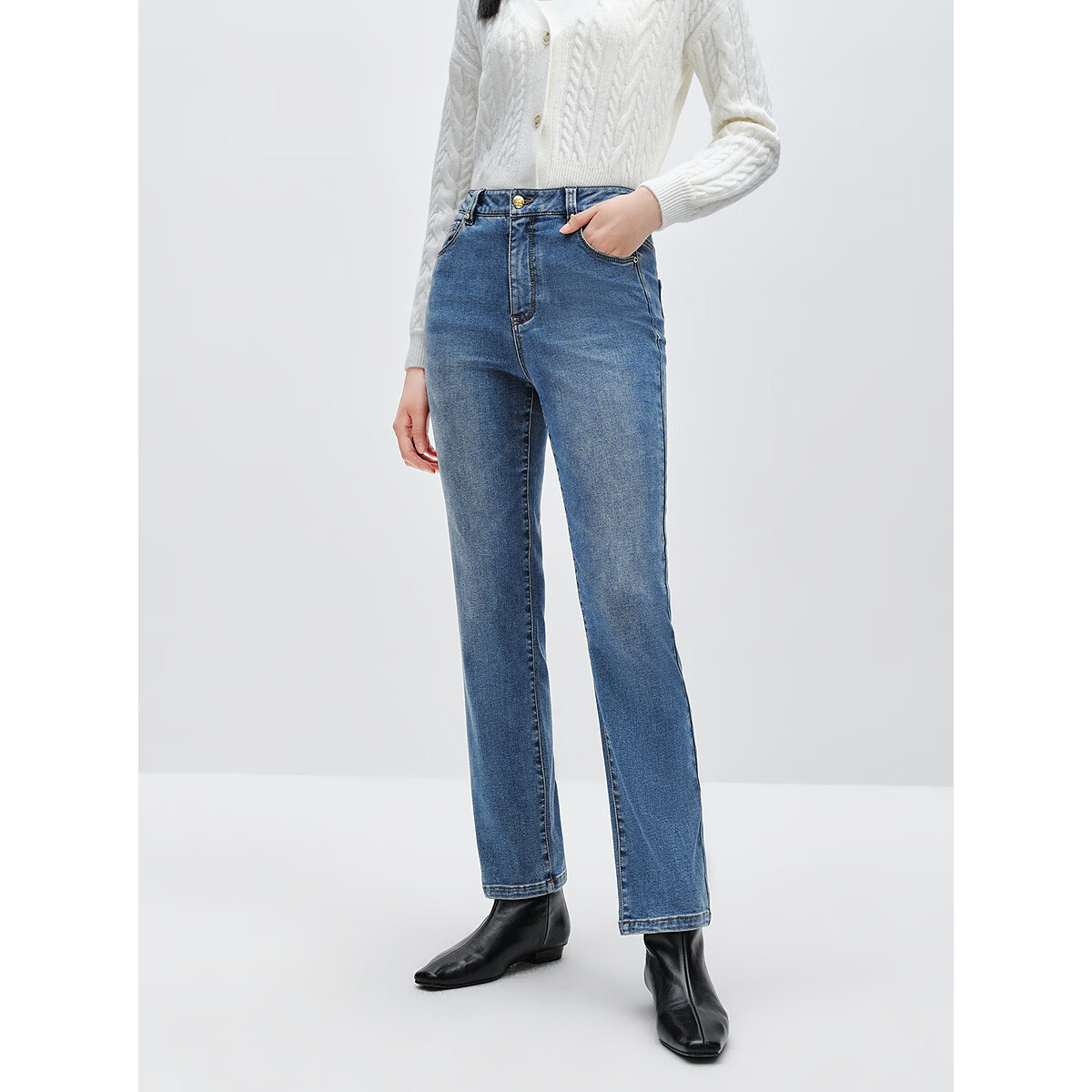 太平鸟女装高腰显瘦束脚裤简约牛仔裤气质弹力直筒休闲裤合集 九分烟管牛仔裤牛仔中蓝 L