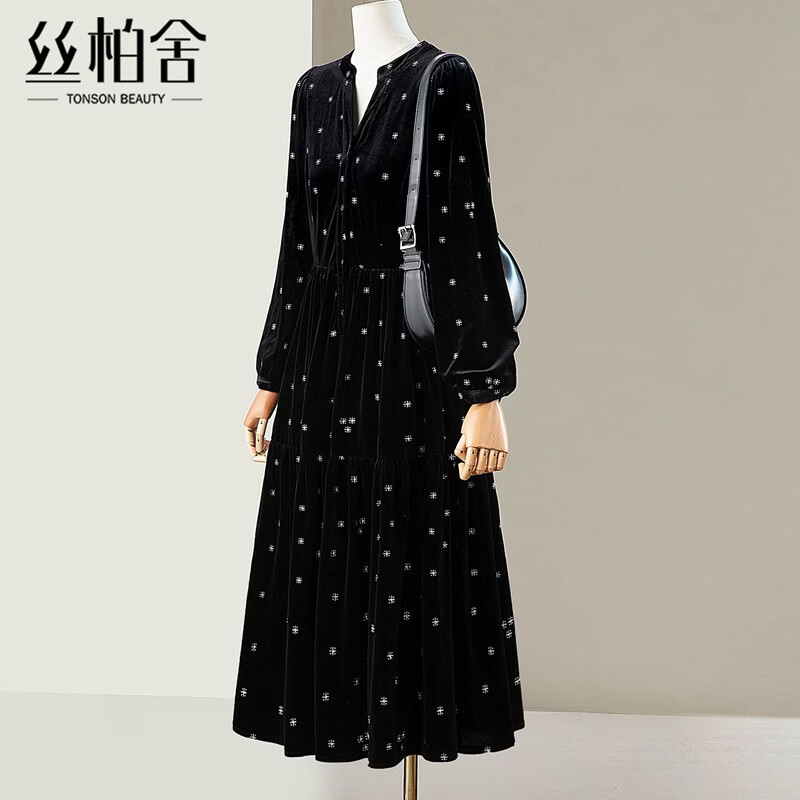 丝柏舍V领连衣裙2026春装新款女装时尚长袖修身A字中长款小黑裙 黑色 S