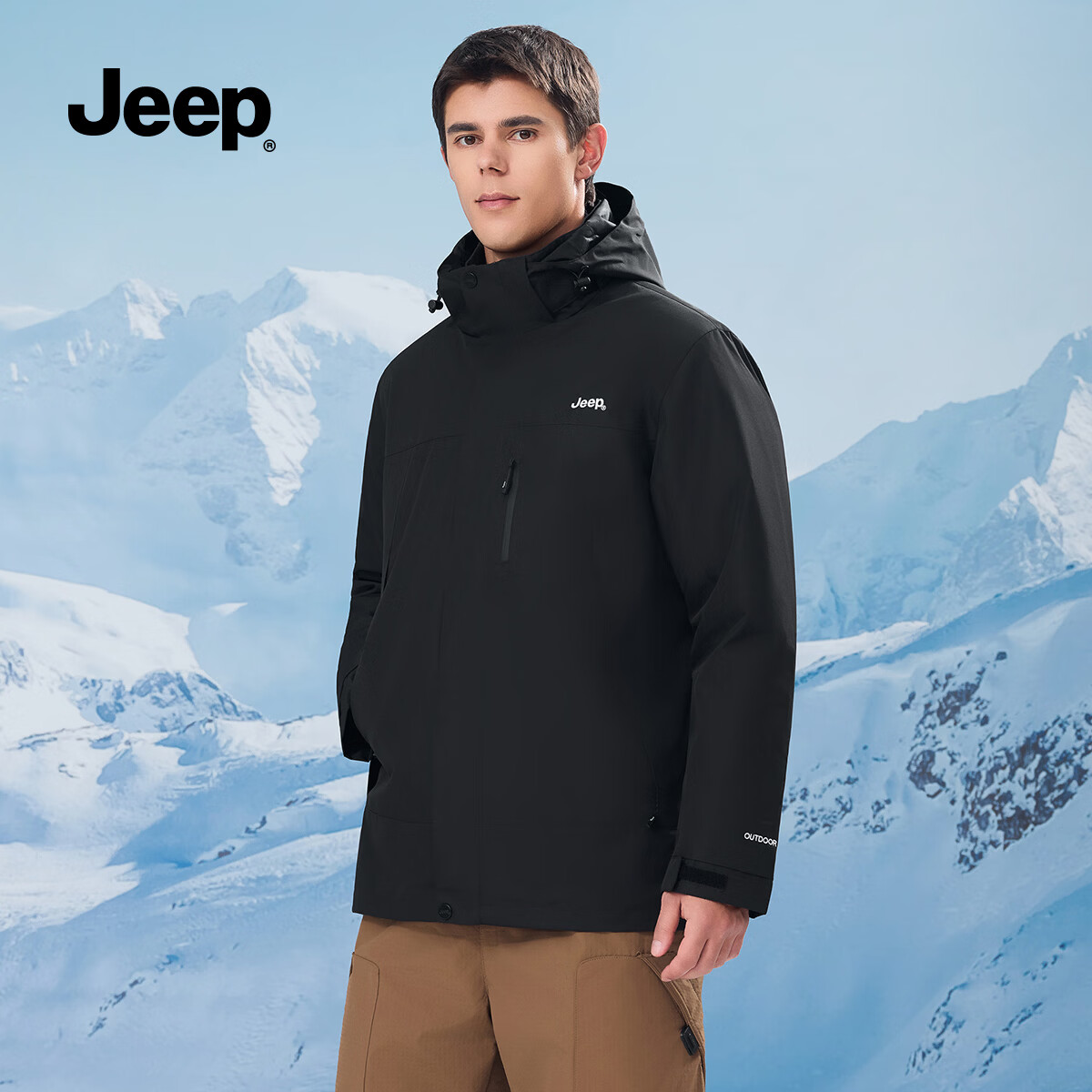 JEEP男装秋冬季新品男士户外运动三合一冲锋夹克上衣休闲连帽加绒外套 黑色 /羽绒内胆 3XL