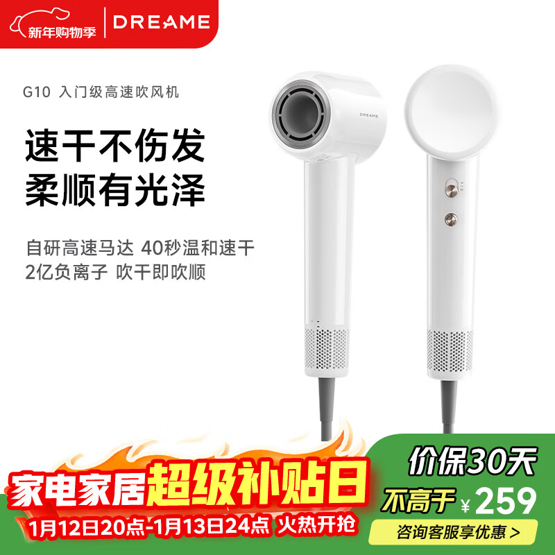 追觅G10高速吹风机家用电吹风大功率速干吹风筒负离子大风力低噪音礼物无叶吹风机 白色AHD11B