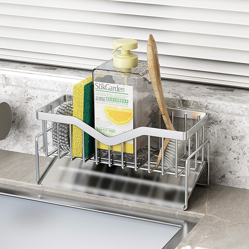 咏幻304不锈钢水槽海绵沥水置物架厨房水池台面挂架抹布洗洁精收纳架