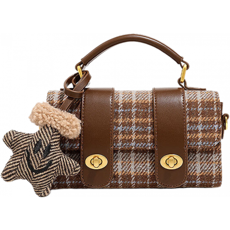 toutou秋季新款設(shè)計(jì)毛呢劍橋包復(fù)古學(xué)院風(fēng)手提包單肩斜挎包女 復(fù)古英倫棕