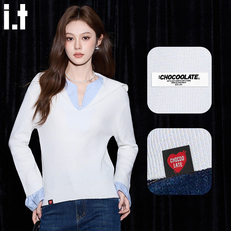 :CHOCOOLATEit高级感V领时尚打底针织衫女春秋季叠穿假两件上衣 白色 均码