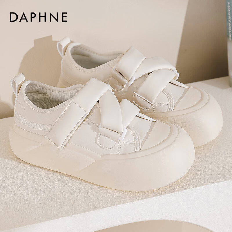 达芙妮厚底小白鞋女2025秋冬新款女鞋软萌大头鞋子女增高百搭板鞋JL 米白色【魔术贴-跟高4cm】 40