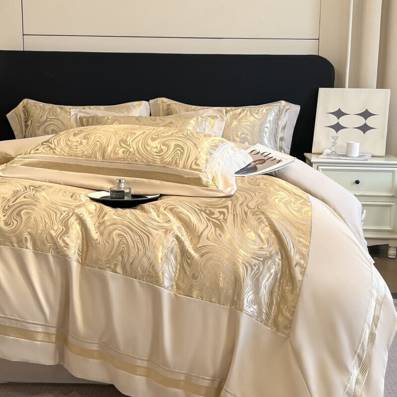 水星家纺100支床上四件套纯棉轻奢贡缎提花全棉床单纯棉被套床品 海韵-香槟 床笠款 2.0四件套-被套220x240