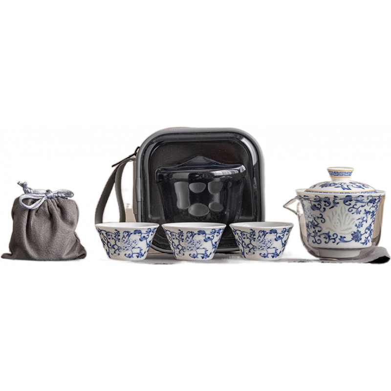 兮元記【新品】兮元記青花玲瓏玉瓷旅行茶具套組可攜式戶外喝茶陶瓷快客 繁花玉瓷玲瓏馬蹄蓋碗快客杯