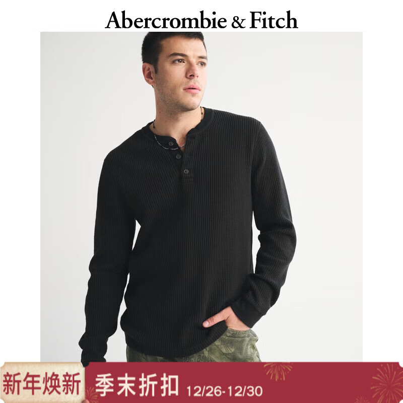 Abercrombie &amp; Fitch男装25秋冬美式经典百搭棉质华夫格亨利领针织长袖T恤124-5645 黑色 M (180/100A)