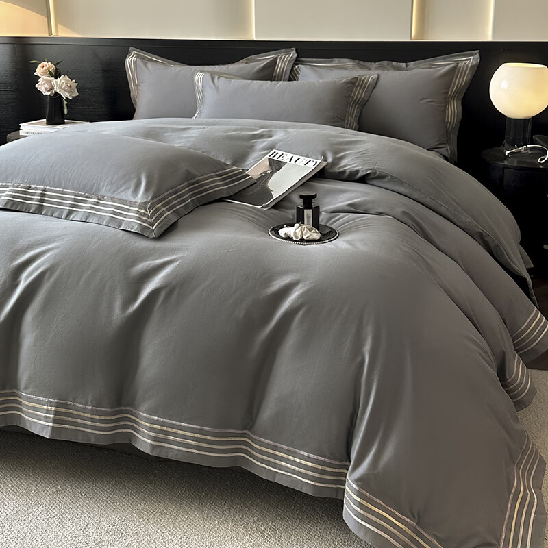 ROLAND LIVE秋冬全棉磨毛四件套家用1.8m床被套床单纯棉A类床上用品透气 PS 全棉磨毛四件套-千浔帝都灰 标准 床单款 【被套200*230cm】