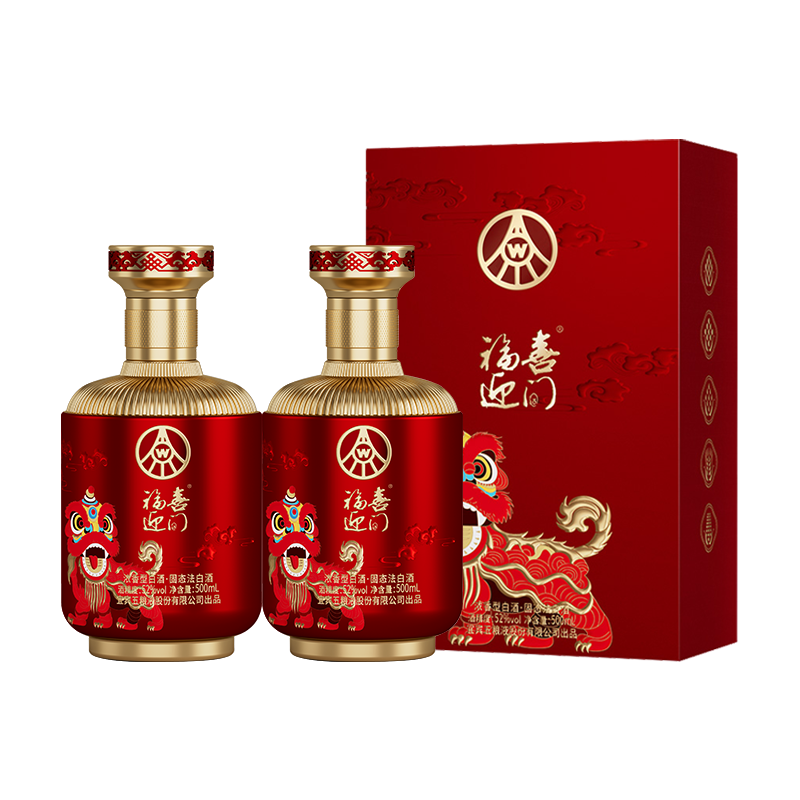 五粮浓香【五粮液出品】高度优质白酒 【过年送礼】狮狮如意精美礼盒 52度 500mL 2瓶 【送礼袋】