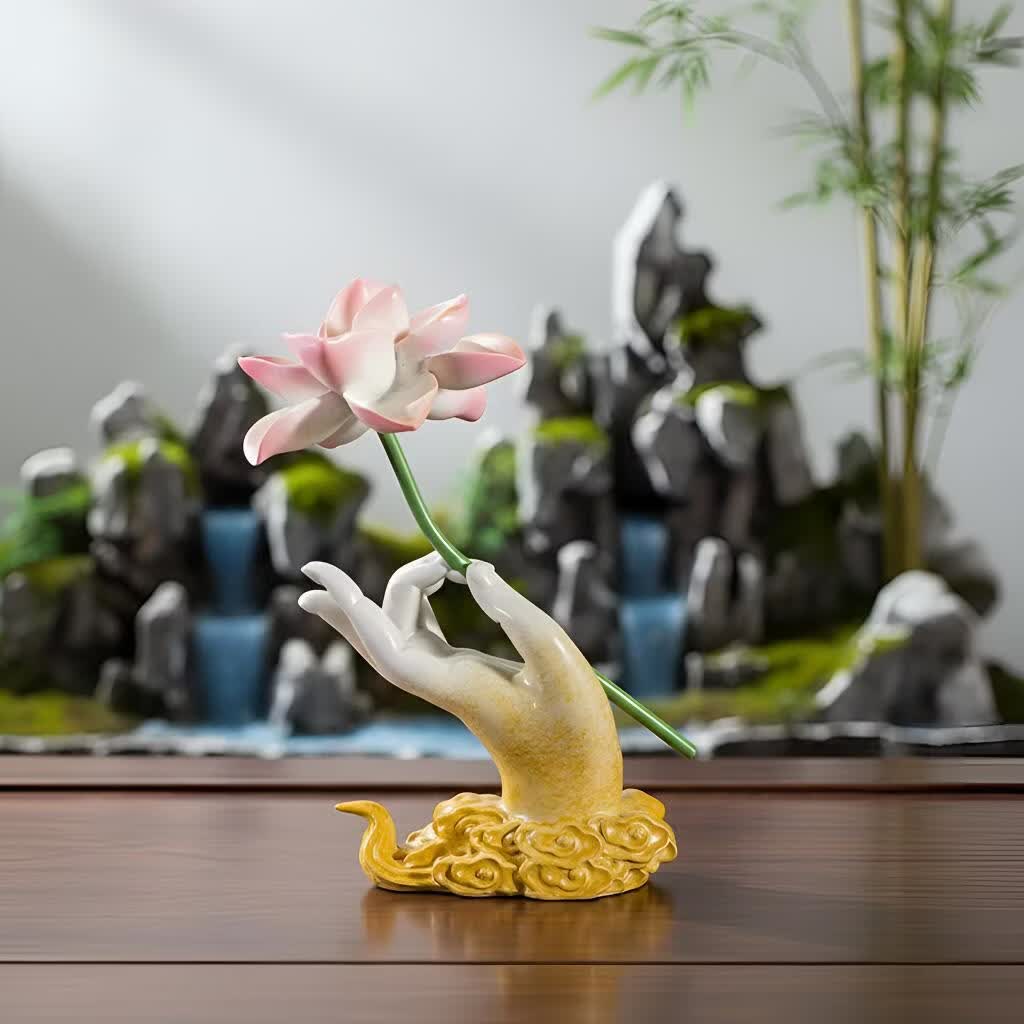 箐铜记黄铜福手莲花摆件 佛系禅意家居装饰品送长辈朋友乔迁伴手礼 福手莲花