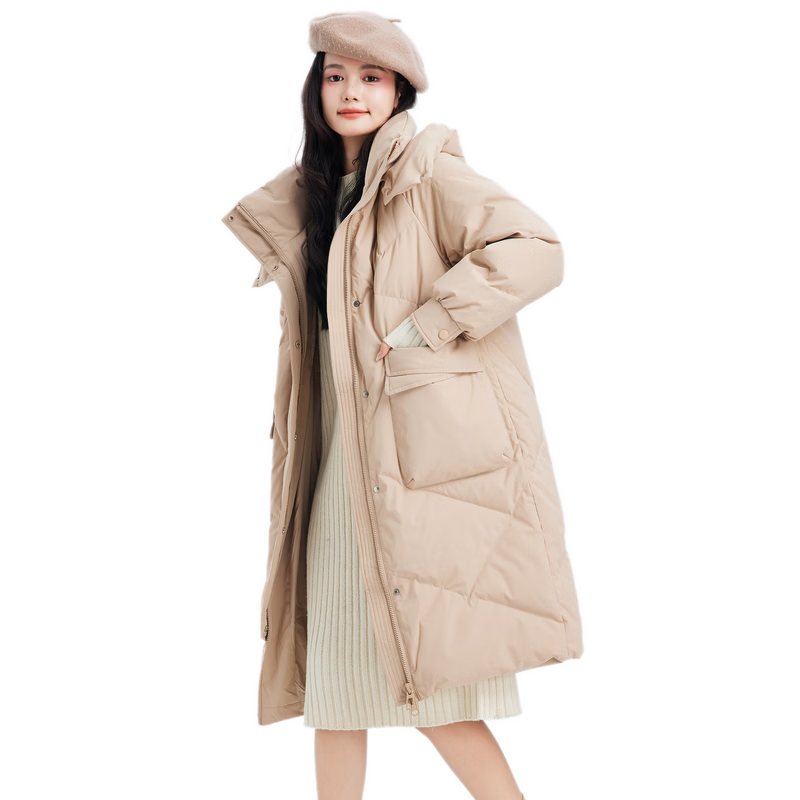 雪中飞冬新款女士中长款羽绒服百搭时尚休闲气质大口袋保暖舒适 卡其色|7101 L /165/88A