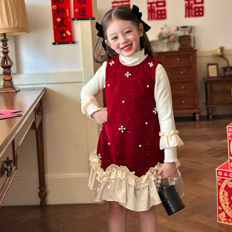 栀了成长记童装女童红色丝绒背心裙2025冬季儿童小香风加绒连衣裙 红色 背心裙 100 cm