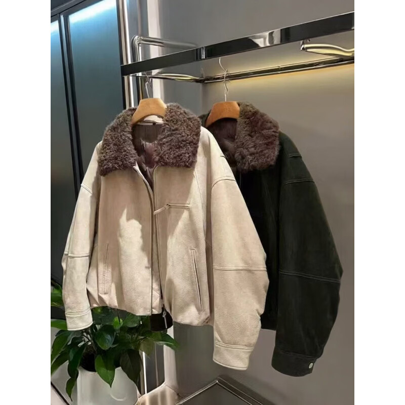 MODX欧货 2026冬鹿绒面工艺山羊正绒真皮夹克加厚鹅绒皮衣7737 卡其 真皮不可沾水不能擦 L 真皮不能沾水不能擦