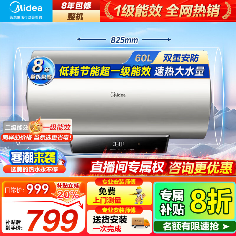 美的电热水器家用热水器大容量省电节能大功率速热变频一级能效速热免换镁棒安全防电墙JM1/JE6Pro 60L 2200W 一级能效性价比【99%用户甄选】