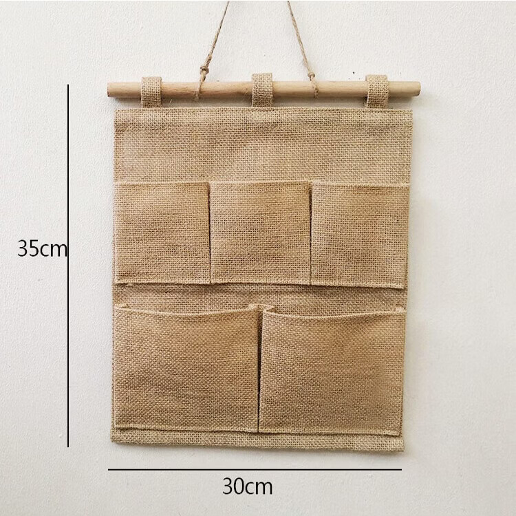 布艺多层储物袋黄麻怀旧复古收纳袋宿舍门后床头衣柜壁挂式整理袋 黄麻邮章三兜