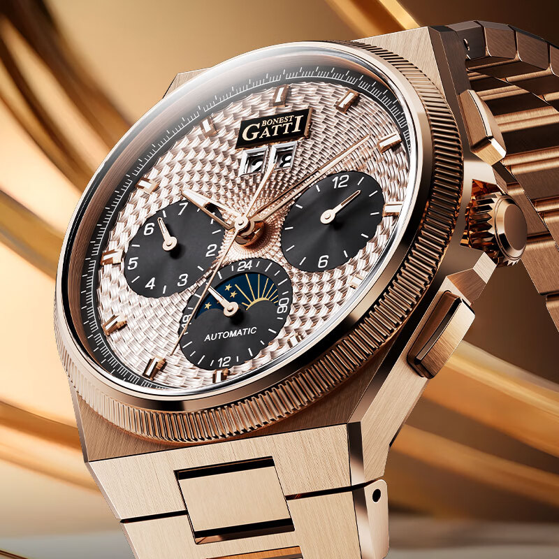 布加迪（BONEST GATTI）手表德国全自动机械表镂空男士腕表钢带款新年情人节礼物送男友 BG8006玫壳白面玫钢带