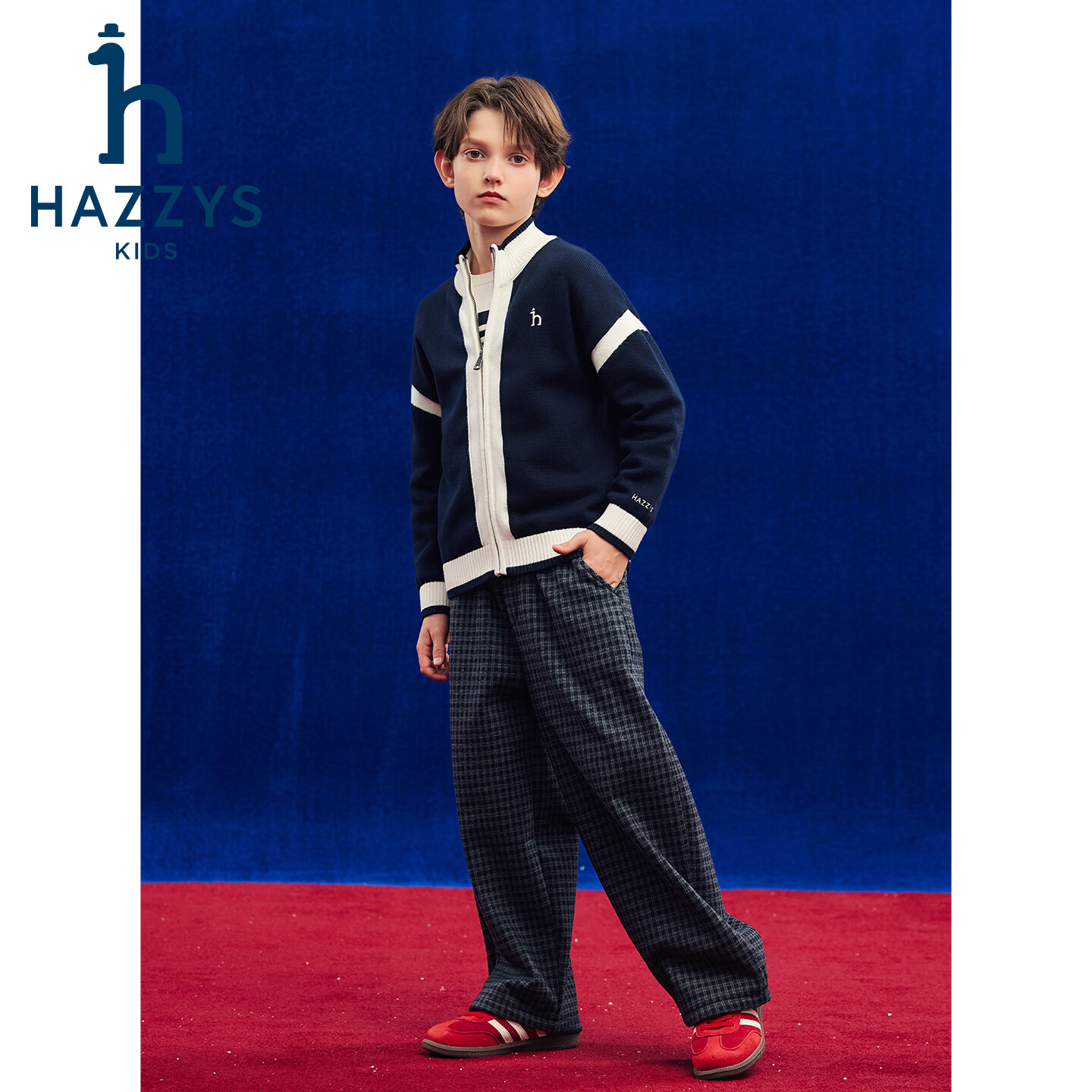 哈吉斯(HAZZYS)童装男女童毛衣2026春新年喜庆开衫针织上衣 藏蓝 165