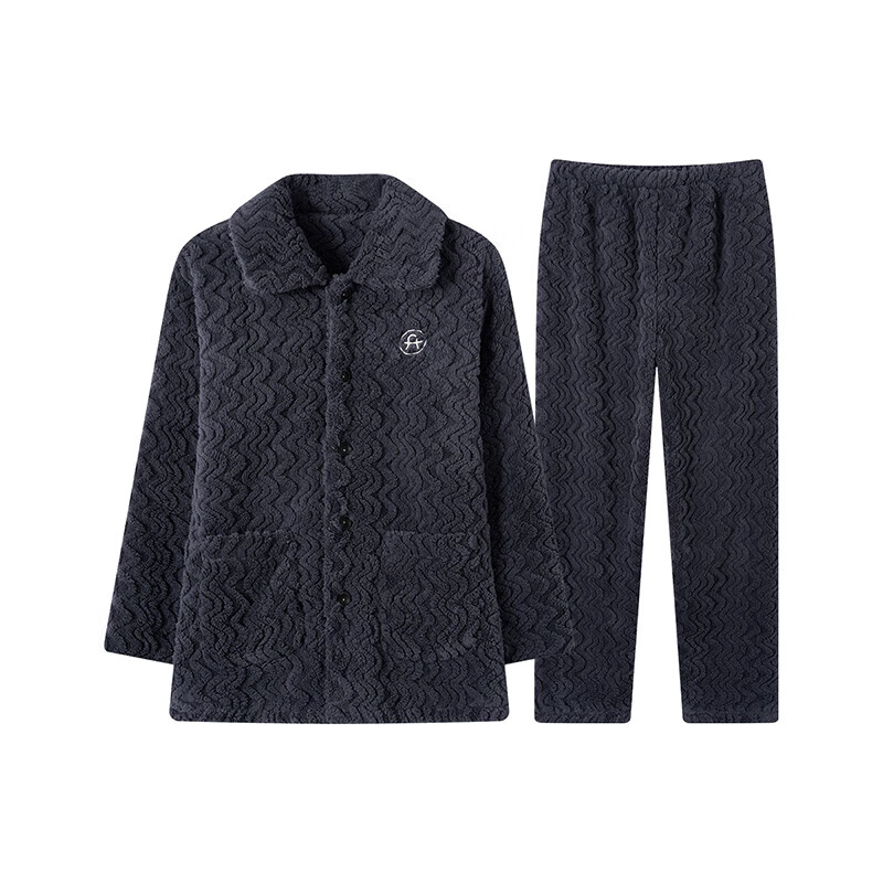 芬腾睡衣男士【加厚双面暖绒】秋冬季开衫翻领宽松保暖家居服套装 灰蓝 XL