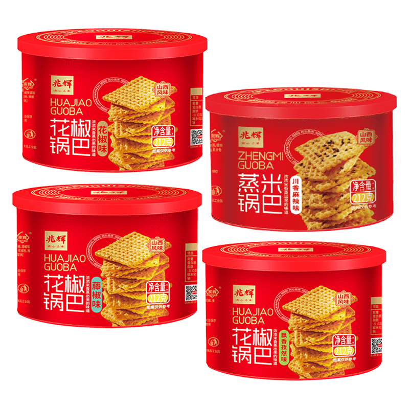 兆辉花椒锅巴罐装大片藤椒味麻辣味大米锅巴网红休闲办公室零食 212g藤椒味锅巴*1罐+212g麻辣味锅巴*1罐