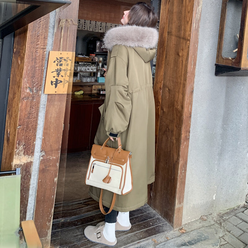 MODX卡其绿加厚派克服棉服 冬季加绒连帽长外套 韩版通勤风女装棉衣 卡其绿升级 加厚 XL