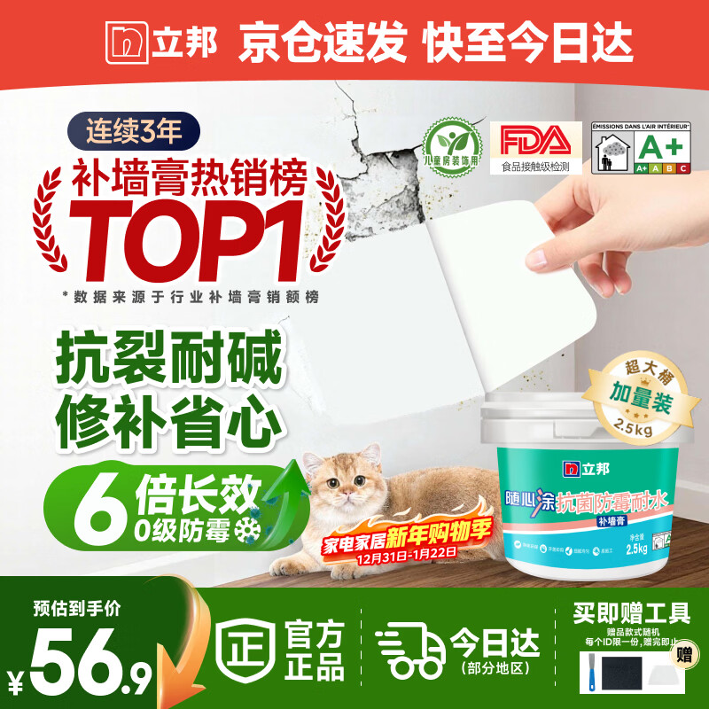 立邦补墙漆腻子膏抗菌防霉补墙面修补膏墙皮脱落修补膏白色2.5kg