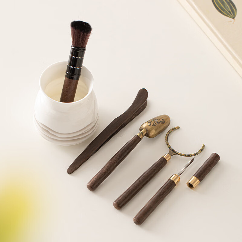 语森忆水墨远山茶道六君子套装茶刀茶勺泡茶茶具家用整套功夫茶道配件 羊脂玉水墨远山茶道筒