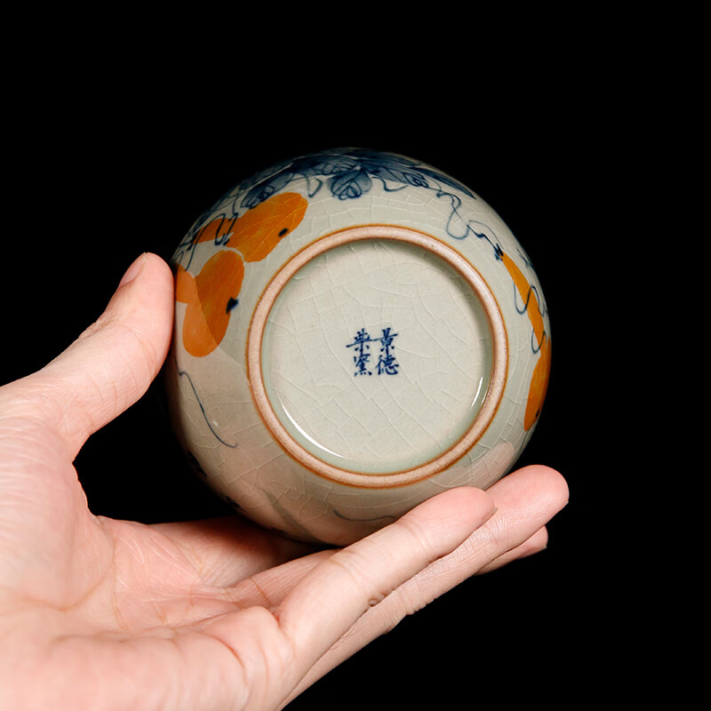 【柴房雅器】景德镇柴窑手绘青花釉里红福寿康宁卧足杯纯手工茶杯