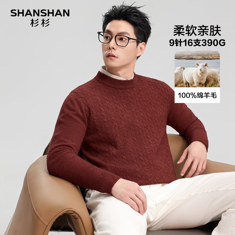 SHANSHAN杉杉100%纯羊毛衫男士秋冬季加厚柔软亲肤圆领休闲内搭保暖毛衣 红棕色 S /165