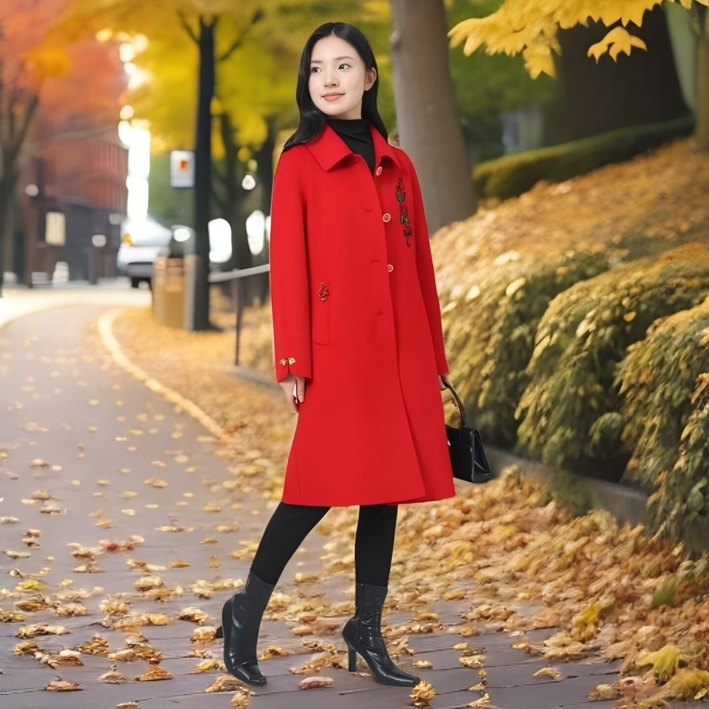 全毛双面呢中长女装大衣发明专利产品全品类春秋冬三季适用毛呢类 红色2， 厚款， 喜欢胸花下单请备注 2XL 165-170 建议净胸围96CM在毛衣外穿