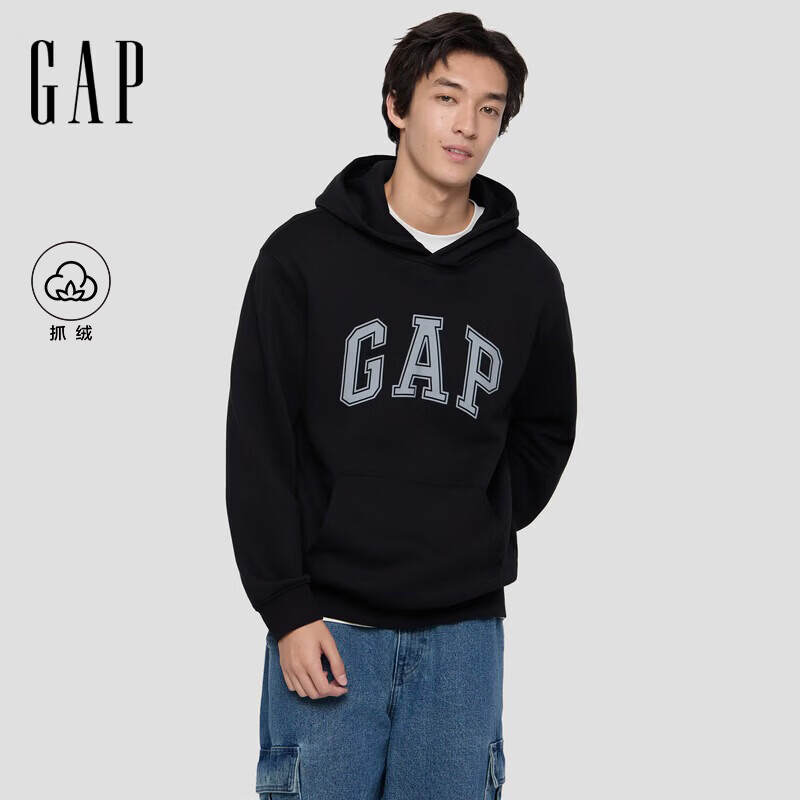 盖璞Gap男女装2025秋季新款LOGO抓绒宽松连帽套头卫衣休闲上衣786940 黑色 M (170/92A) 亚洲尺码