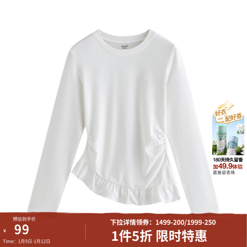 茵曼（INMAN）设计感抽褶收腰长袖T恤女2026春季时尚荷叶边拼接百搭上衣 珍珠白 M