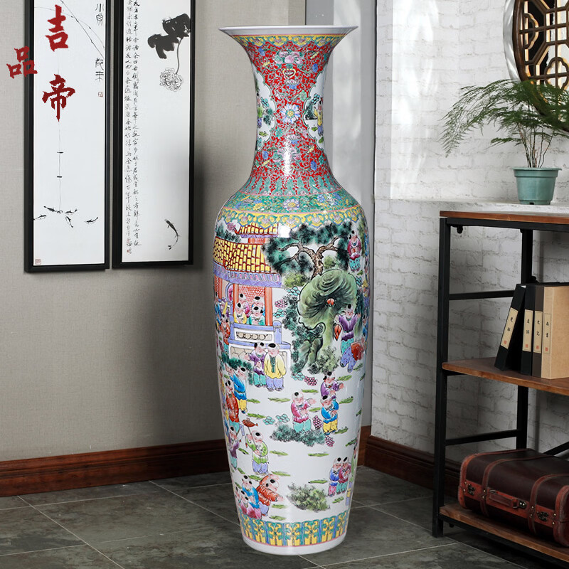 吉品帝景德镇粉彩陶瓷器手绘落地花瓶大号插花客厅酒店开业送礼装饰摆件 高手绘《百子闹春》 单个+送底座 180cm