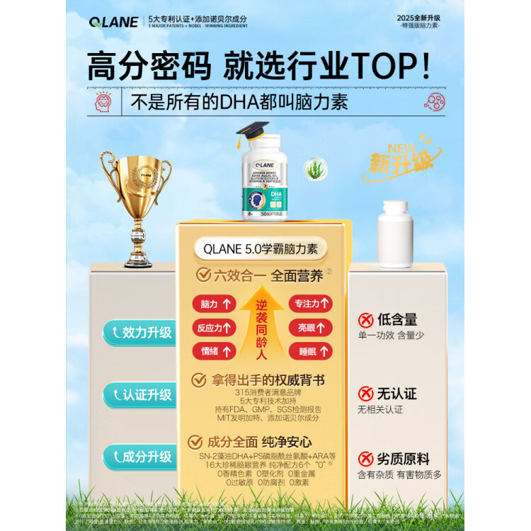 qlane官方旗舰脑力素DHA学生儿童神经酸增强青少年成人鱼油叶黄素藻油 【1瓶】新客体验装