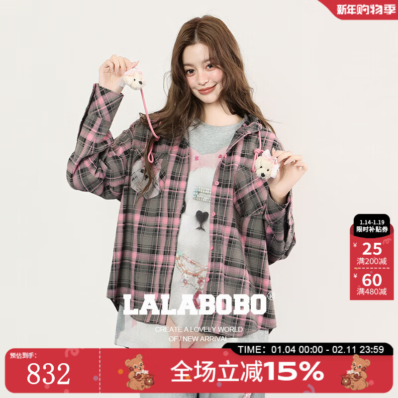 拉拉波波【快乐护卫队系列】LALABOBO衬衫25年秋新款原创格子印花连帽上衣 S