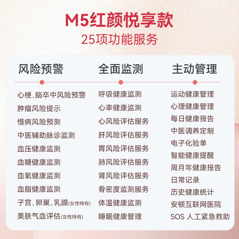 安顿智能手表健康血压血糖趋势监测手表心率血氧心梗脑卒中预警女士手表M5红颜悦享版送礼长辈礼物 胭脂粉