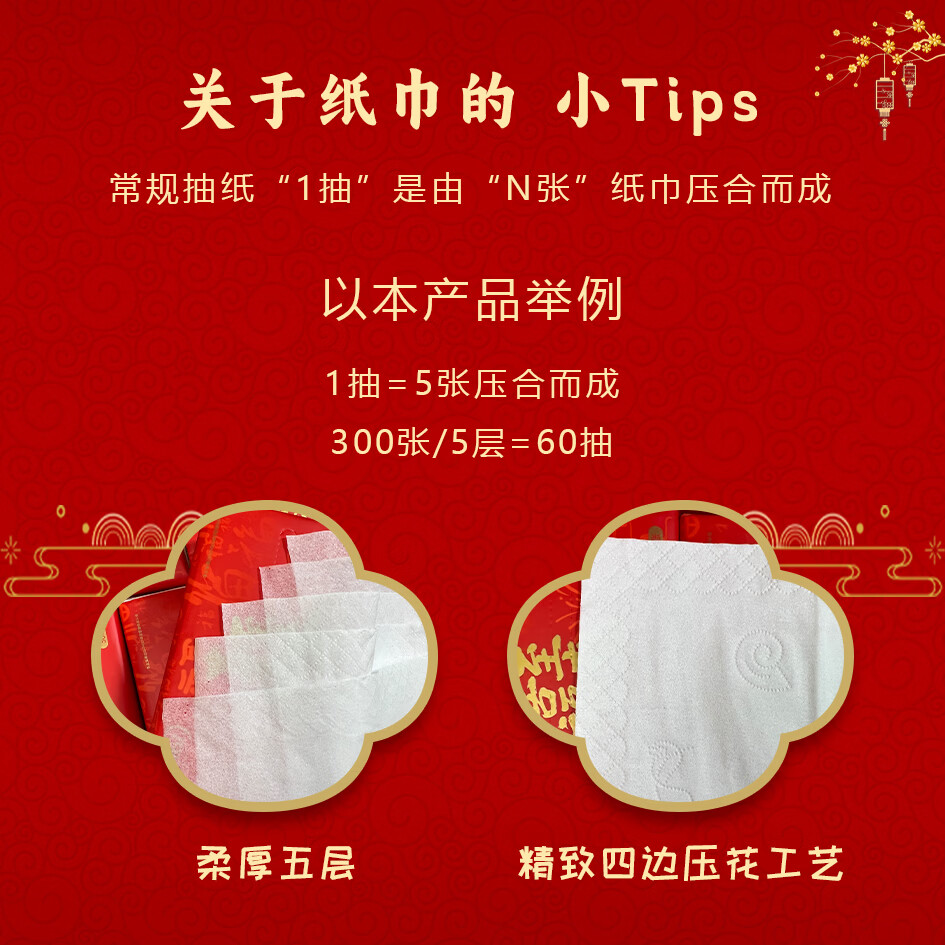 春竹抽纸24大包新年喜庆装纸巾5层加厚四边压花卫生纸节日家用餐巾纸 新年氛围抽纸 5层 60抽*24包