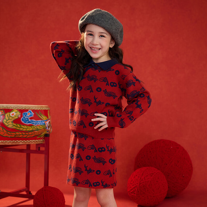 棉花堂（cottontown）【新年】棉花堂拜年服女童冬裙套装洋气红色毛衣儿童过年裙子衣服 暗红 90 90/52