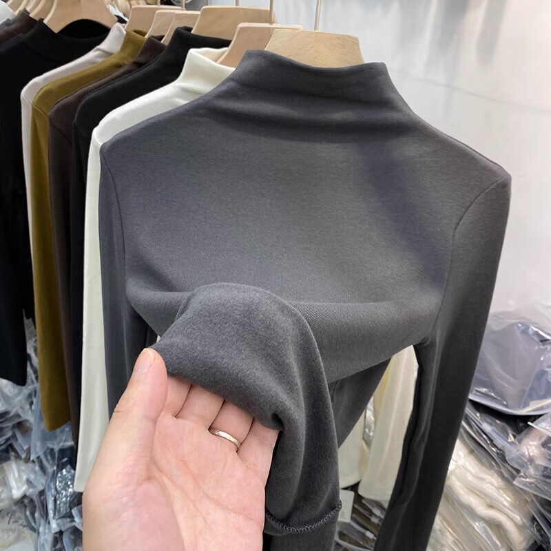 【工厂发货】磨毛半高领内搭打底衫女秋冬加绒t恤长袖加厚保暖上 红色【德绒磨毛加厚】 M 建议80-100斤