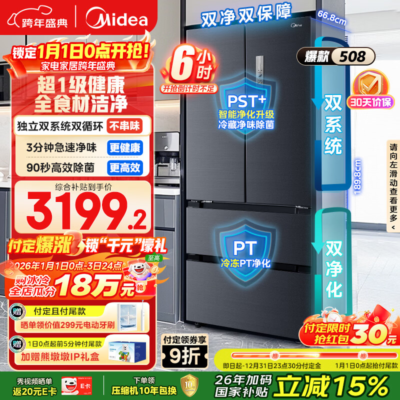 美的（Midea）508L法式四开门冰箱双系统循环一级能效除菌净味风冷无霜大容量以旧换新BCD-508WTPZM(E) 国家补贴