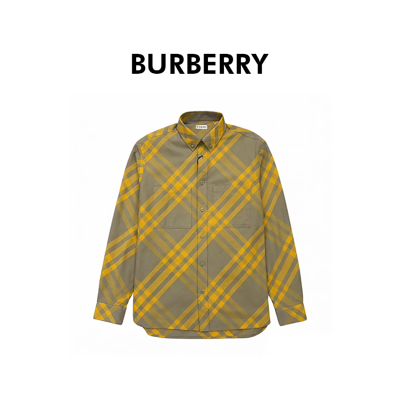 BURBERRY博柏利巴宝莉男士黄米色拼色棉质格纹印花长袖衬衫81041611 XL