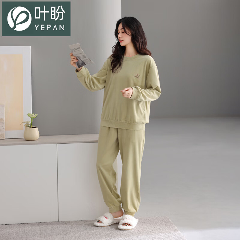 叶盼（yepan）【保暖】海岛绒睡衣女冬季套头女款宽松大码可外穿女士家居服套装 81834-奶果绿 M (160) ：建议90-110斤穿着
