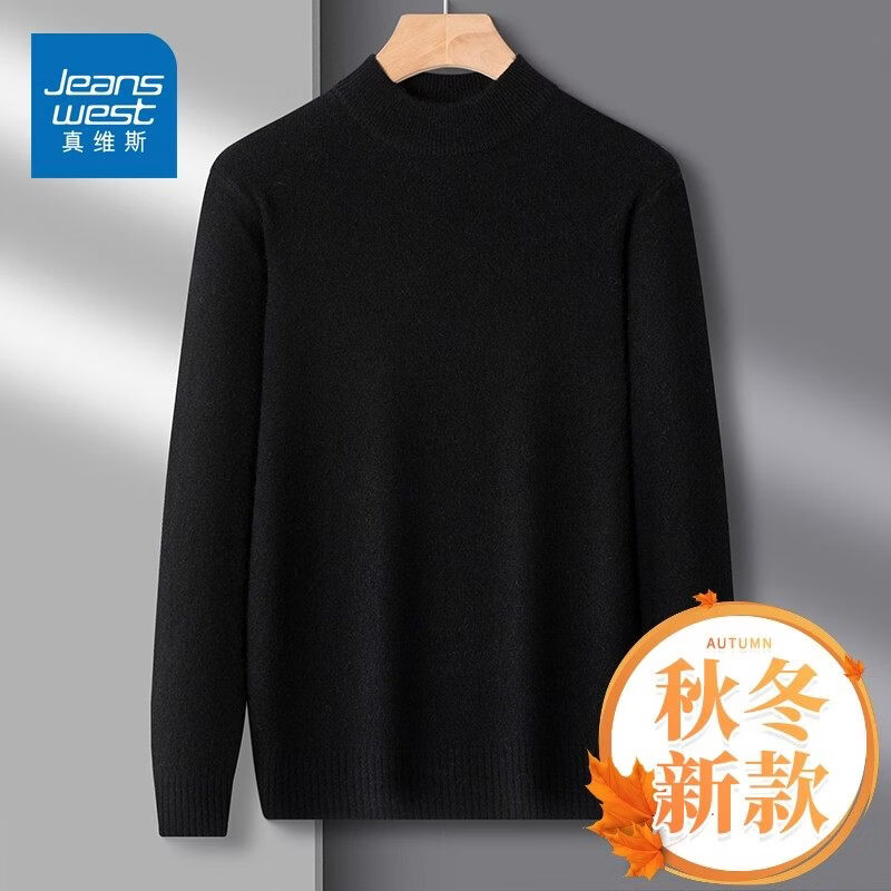 真维斯（Jeanswest）纯棉毛衣男款冬季2026新款保暖加厚针织打底衫男士内搭上衣 曜石黑半高领 【纯棉保暖】 L 【建议120-140斤】