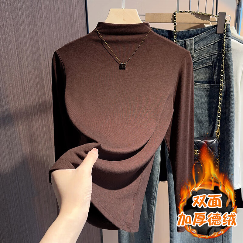 【工厂发货】女装秋冬衣服磨毛半高领内搭打底衫女t恤长袖加厚保 白色【德绒磨毛加厚】 L 建议100-115斤