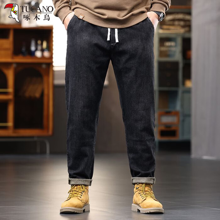 啄木鸟大码胖子松紧腰牛仔裤男秋冬加厚宽松直筒休闲百搭潮流潮牌男裤子 黑灰色 303 M