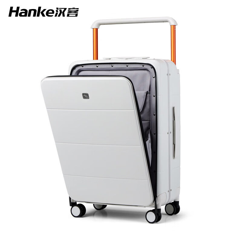 漢客（HANKE）行李箱撞色寬拉桿前開 蓋鋁框行李箱女20寸旅行登機箱男2 煙白色[前開蓋快速取] 20寸登機箱