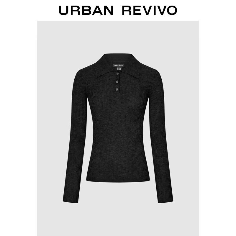 UR2025冬季新款女装气质简约翻领半开襟坑条针织衫UWM950148+