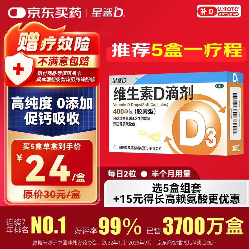 星鲨维生素D滴剂 30粒d3儿童1-3岁婴幼儿0-1岁成人补钙3-12岁促钙吸收京东自营大药房全年龄段可用