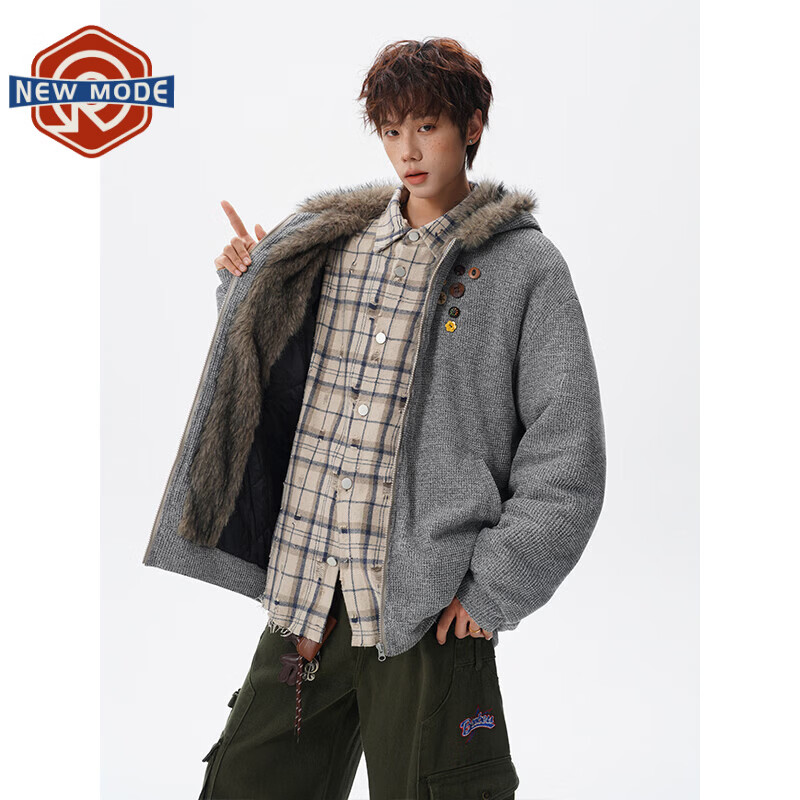 NEW OR MODE复古针织毛领座山雕棉服男士冬季新款保暖宽松设计感情侣夹克棉衣 灰色 M 【建议90-110斤】