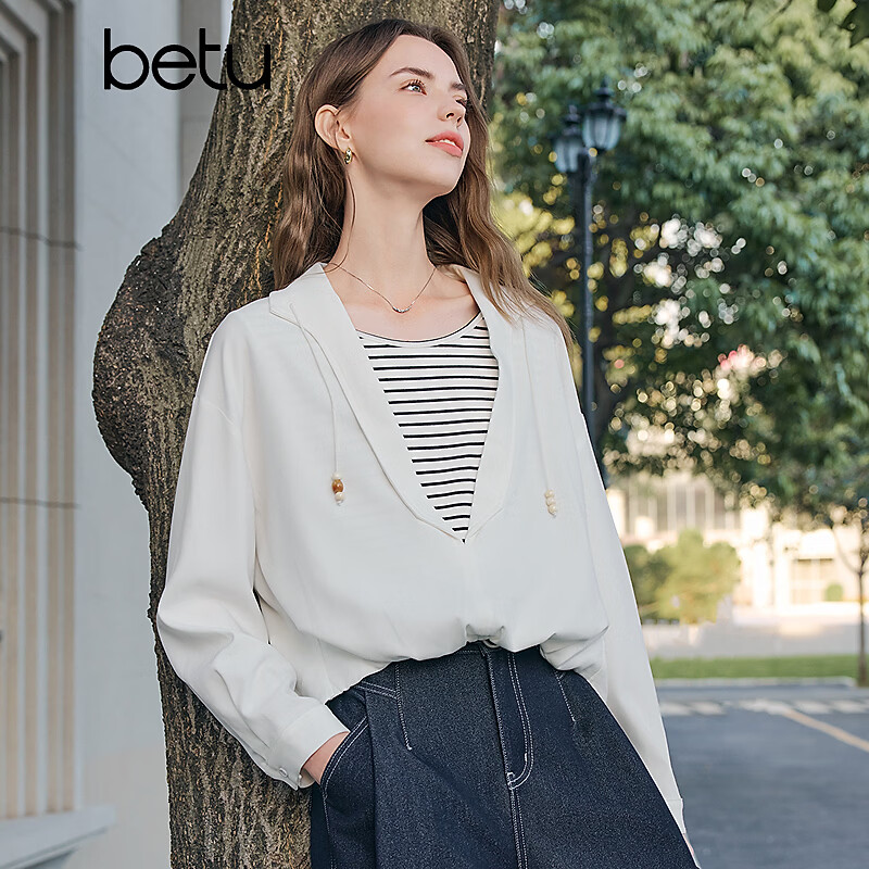 百图（betu）女装2026年春季新款衬衫撞色假两件高级感潮流长袖上衣女2601T31 米白 S （米白预售03/25发货）