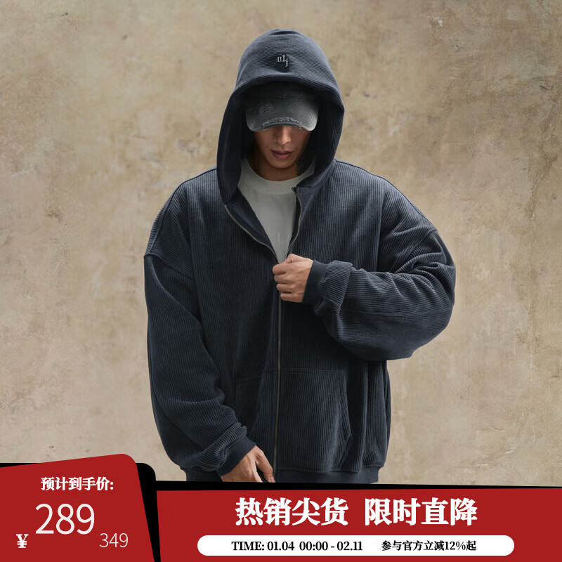 鹿家门秋冬加绒连帽卫衣外套男大码宽松情侣装健身保暖美式开衫男 蓝灰色 L 推荐140-160斤